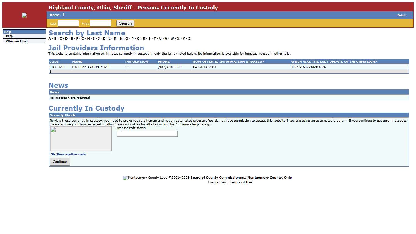 Highland County, Ohio, Sheriff - Persons Currently In Custody