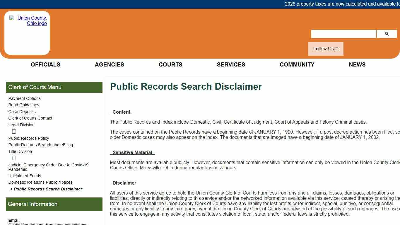Union County, Ohio - Public Records Search Disclaimer